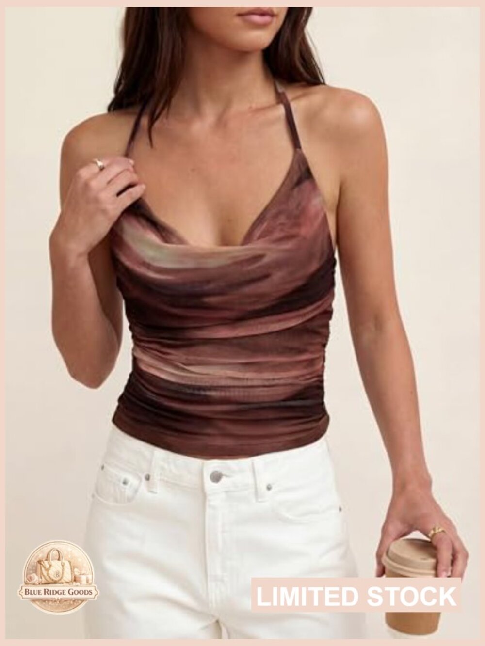 Sleeveless Cowl Neck Halter Top Floral Boho Mesh Backless Y2K Going Out Cute - Picture 5 of 7